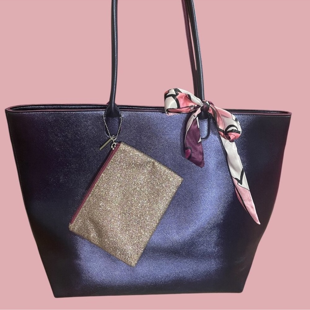 3 piece set Large tote bag w/zipper top, cosmetic bag and twilly, purple & pink
